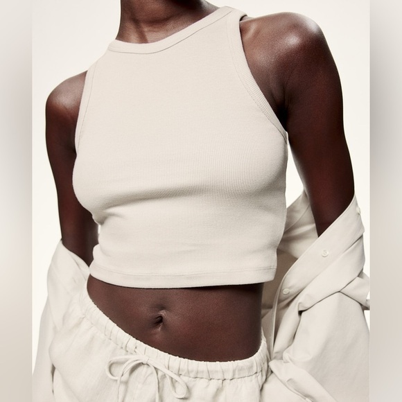 H&M cropped ribbed fitted sleeveless slim fit tank top in light taupe. Size M - Picture 1 of 9
